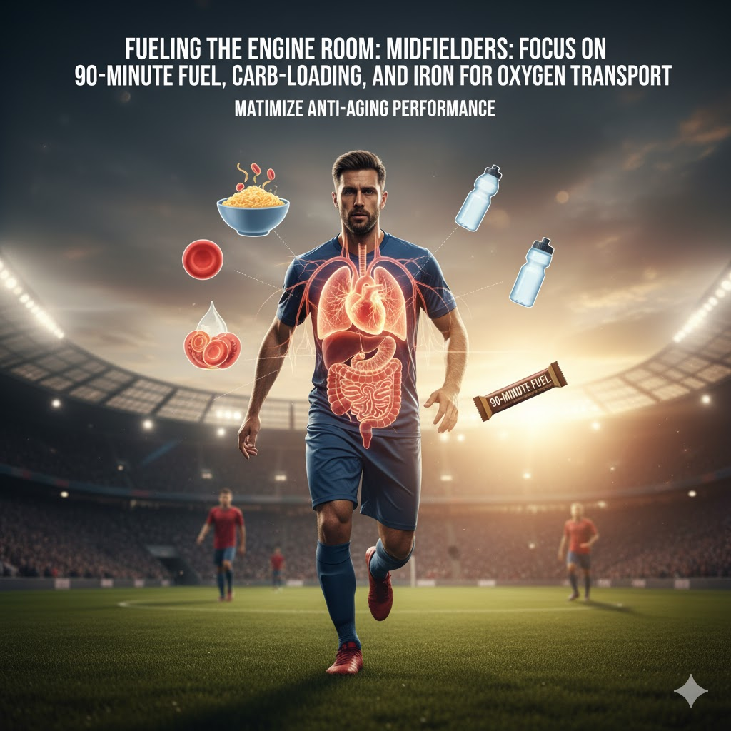 Fueling the Engine Room: Midfielders: Focus on 90-Minute Fuel, Carb-Loading, and Iron for Oxygen Transport to Maximize Anti-Aging Performance